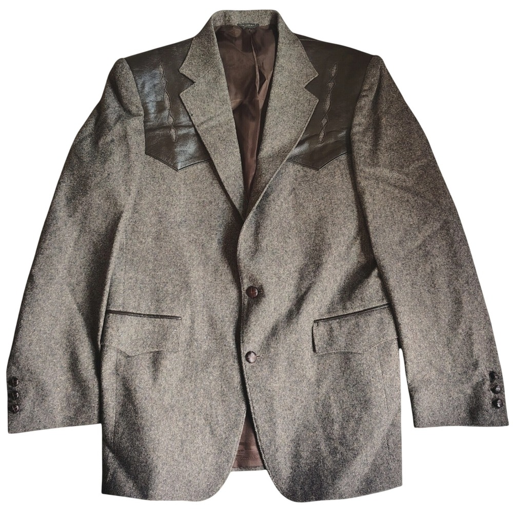 VTG Pagano West Tweed Wool Western Blazer Sport Coat Leather Yoke USA 42L